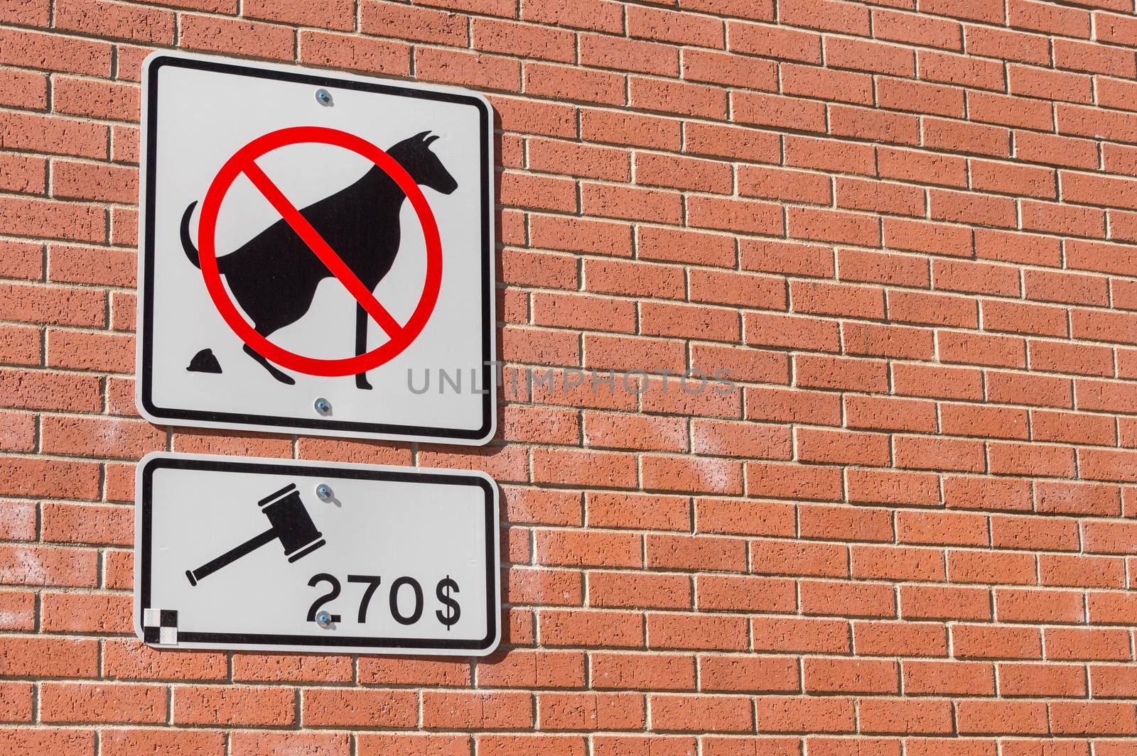 No dog pooping sign on brick wall by mbruxelle