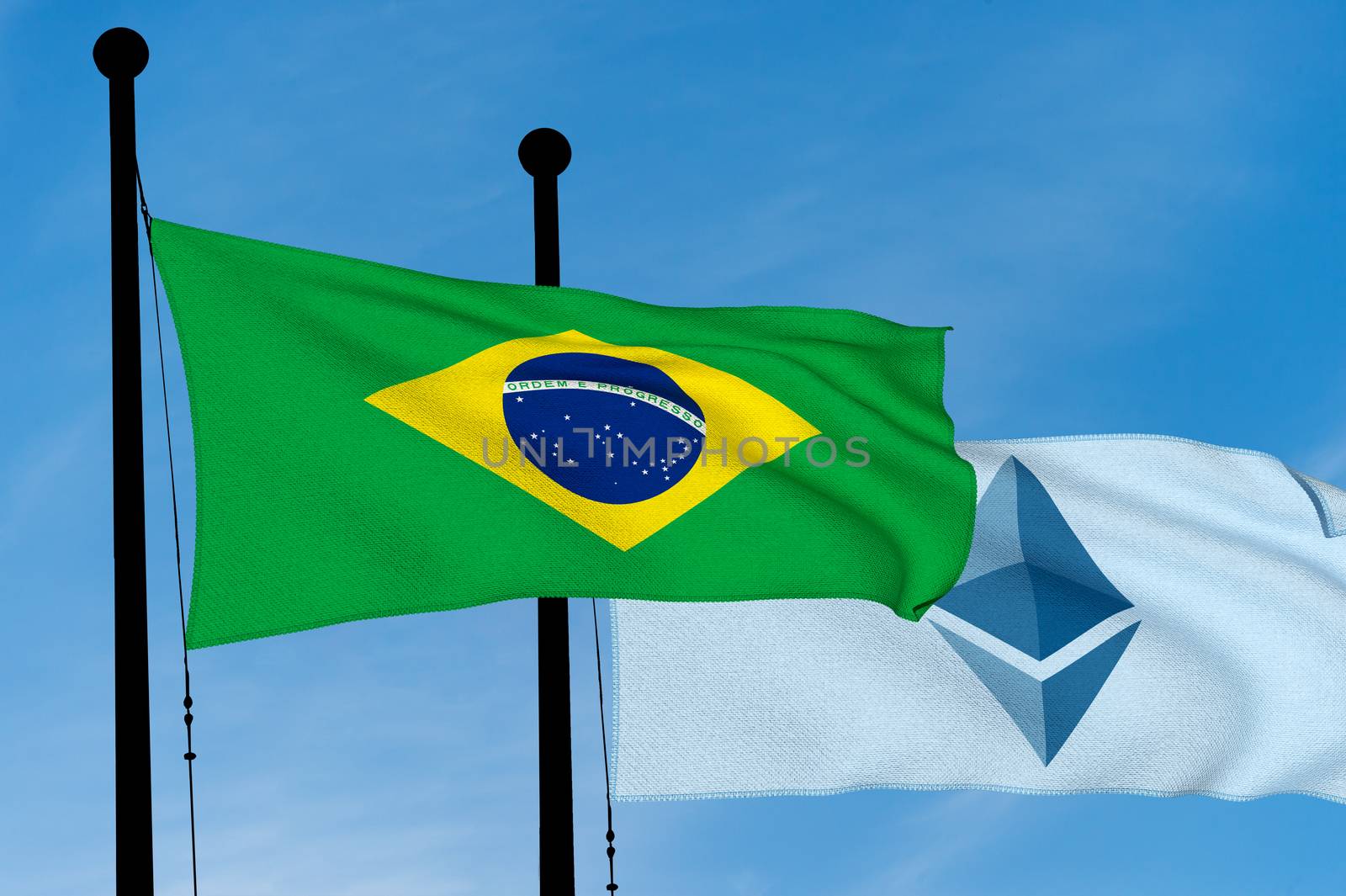 Brazil Flag and Ethereum Flag waving over blue sky (digitally generated image)