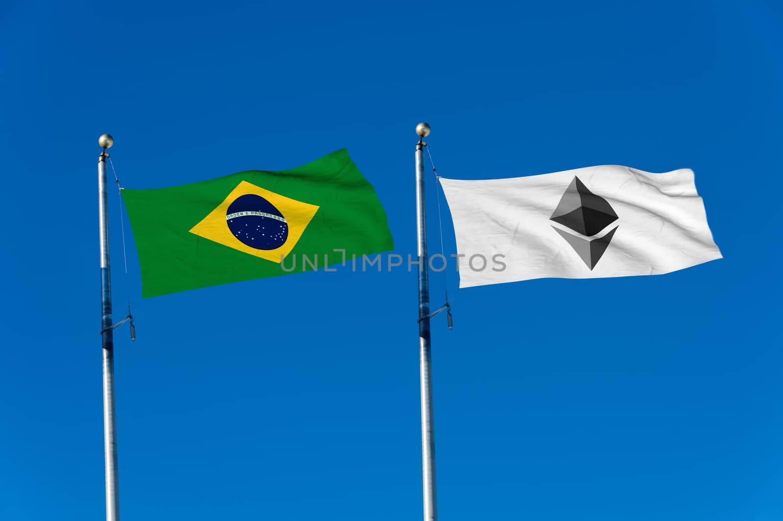 Canada flag and Bitcoin Flag waving over blue sky (digitally gen by mbruxelle
