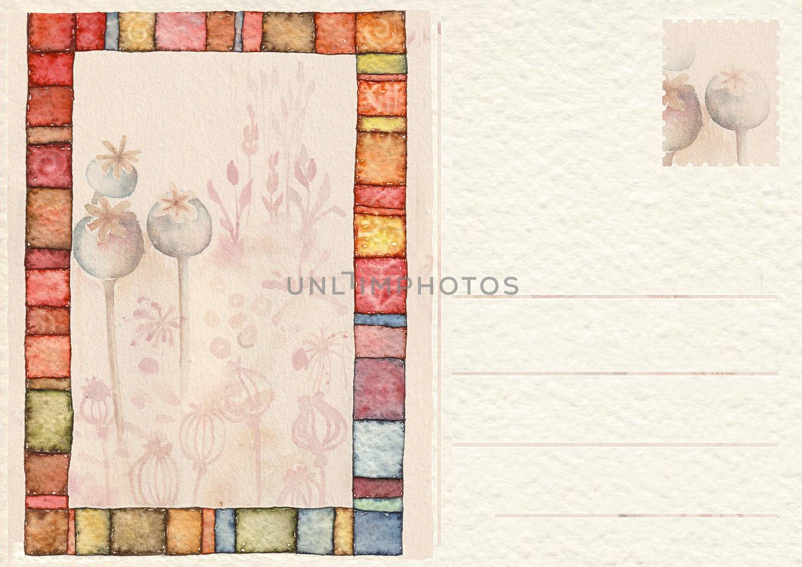 waretcolor illustration
Hand drawn back postcard with flowers