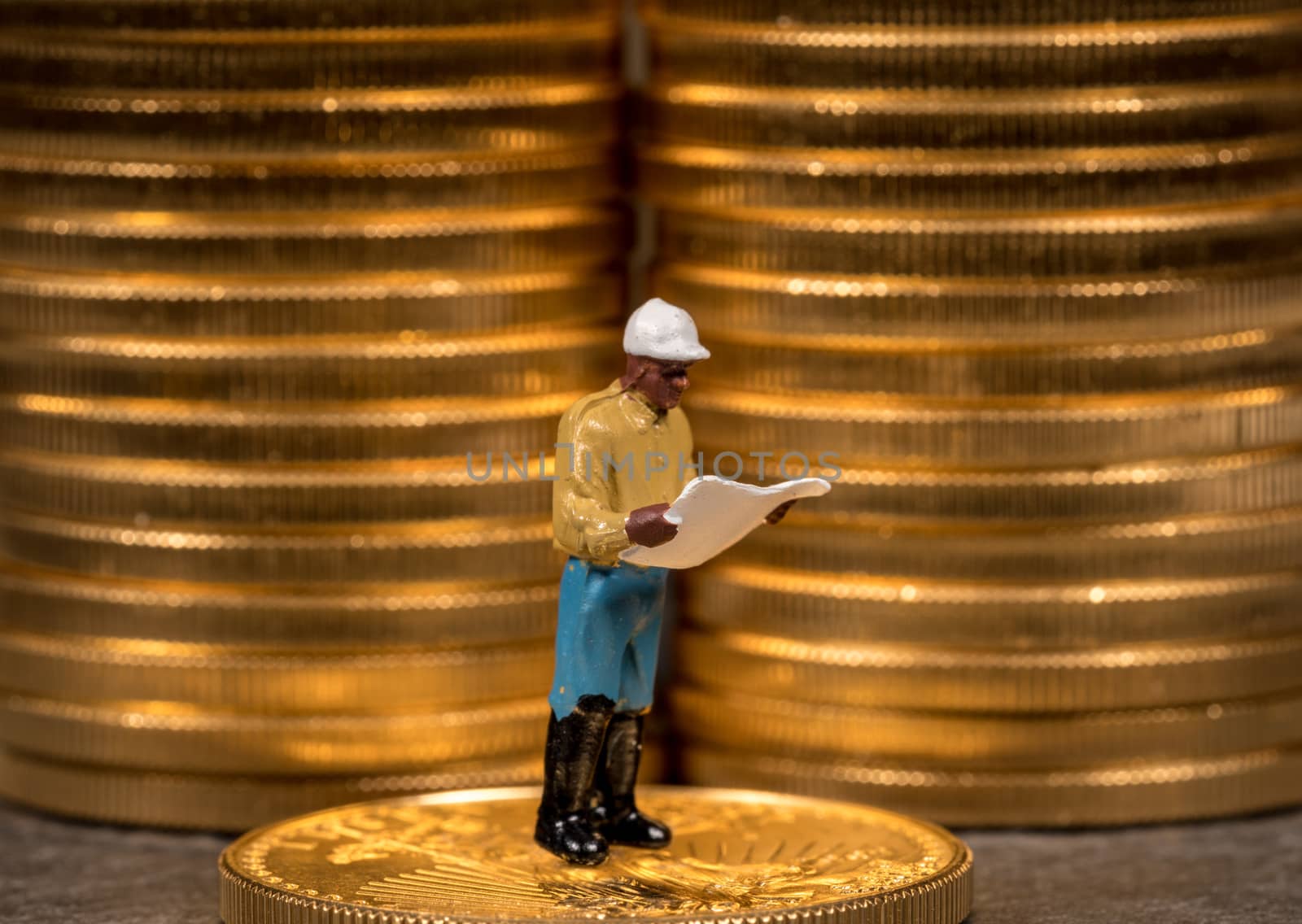 Concept illustration of miners looking for new gold eagle US Treasury golden coins