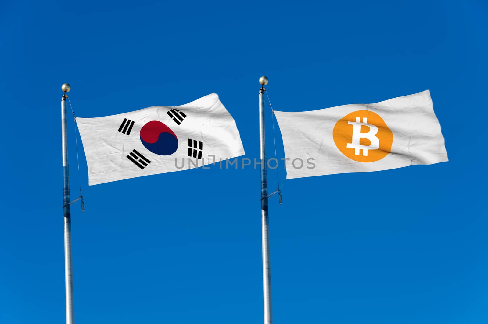 South Korea flag and Bitcoin Flag waving over blue sky (digitally generated image)