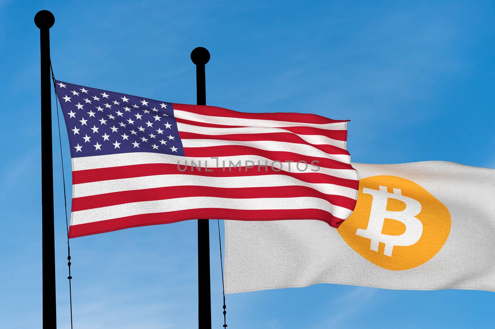 US flag and Bitcoin Flag waving over blue sky (digitally generated image)