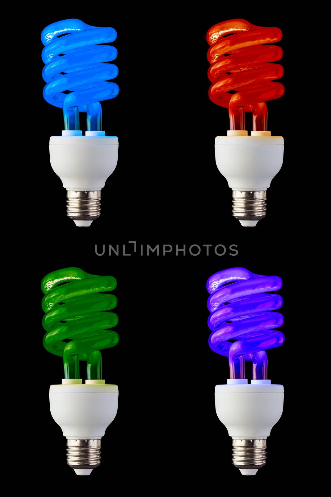 set of colored CFL neon light bulbs isolated on black background by z1b