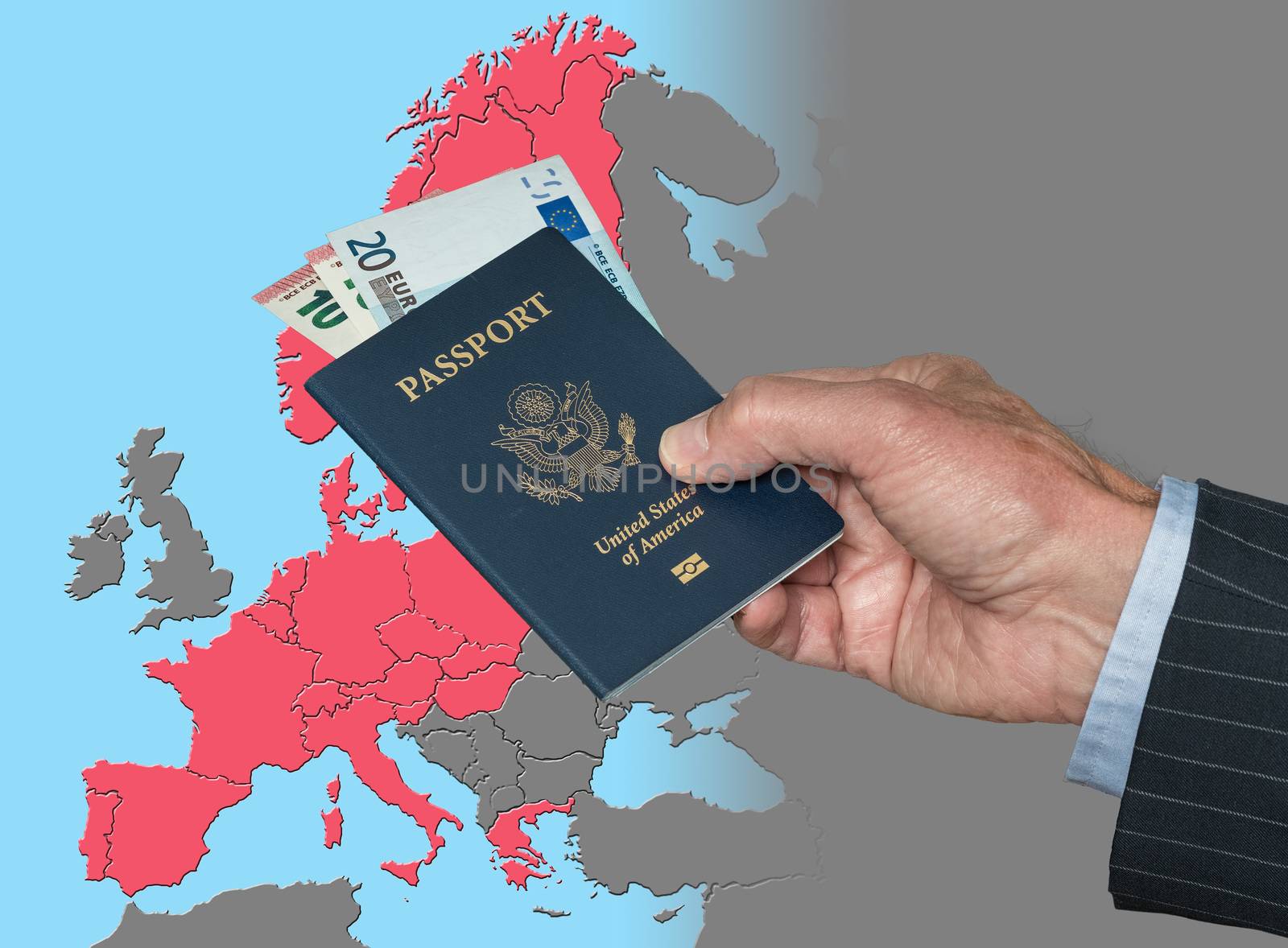 Senior man holding US passport and Euros on map of European Union in preparation for ETIAS visa