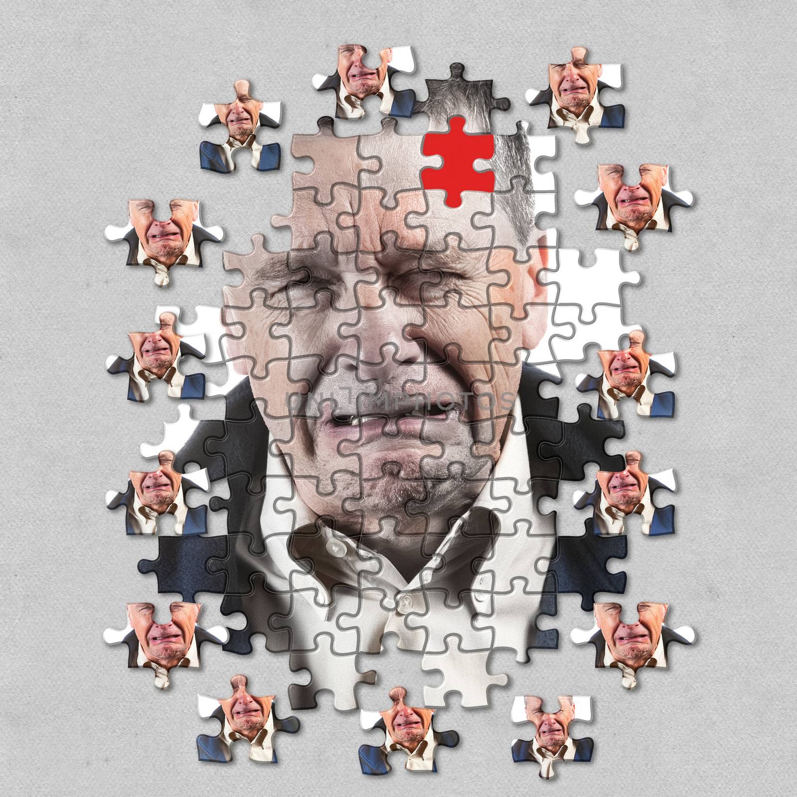 Front view and face of senior caucasian man afraid of mental illness, dementia or Alzheimer's disease using jigsaw concept