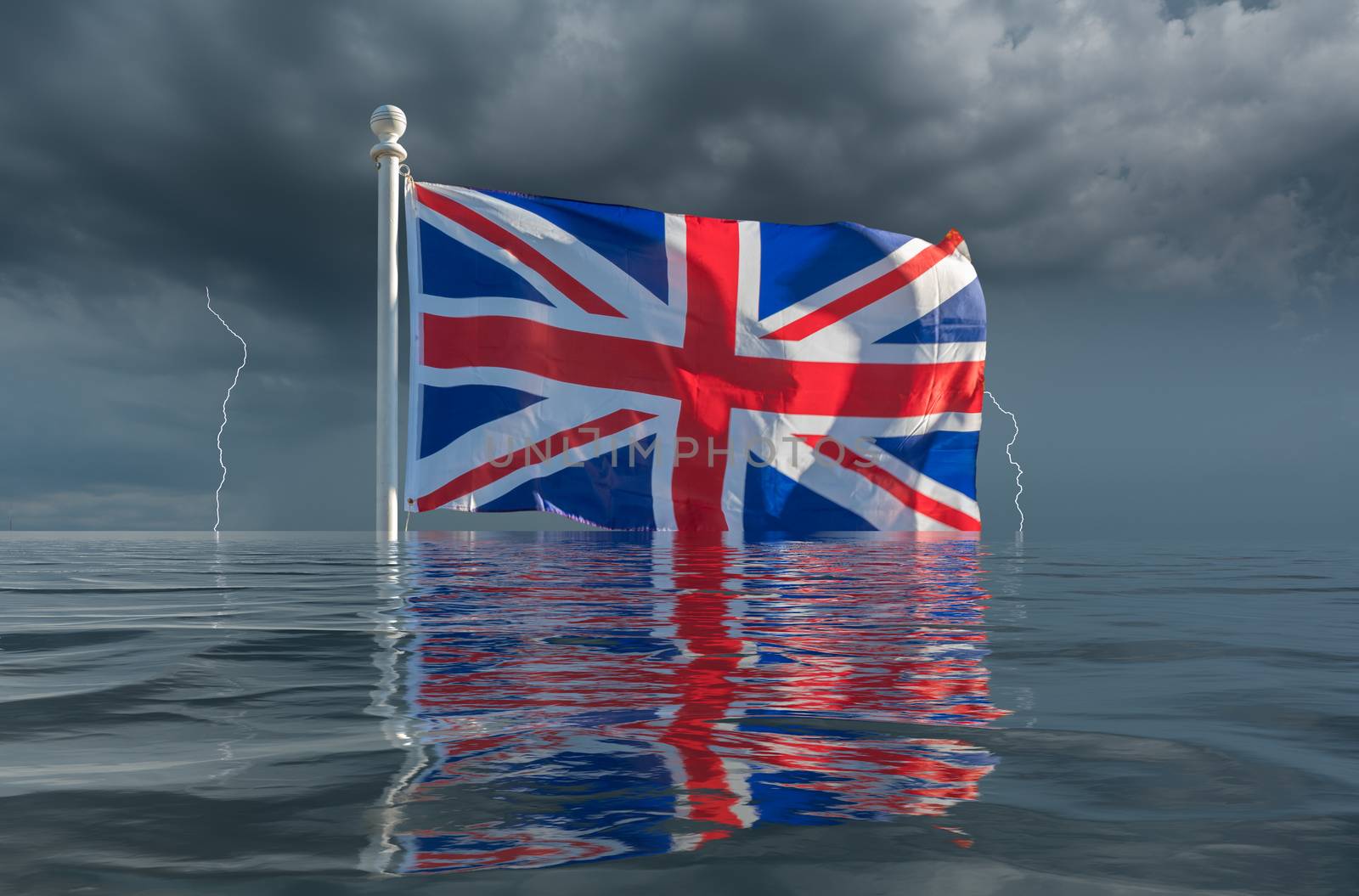 Brexit image of UK flag Union Jack sinking slowly under the waves in storm