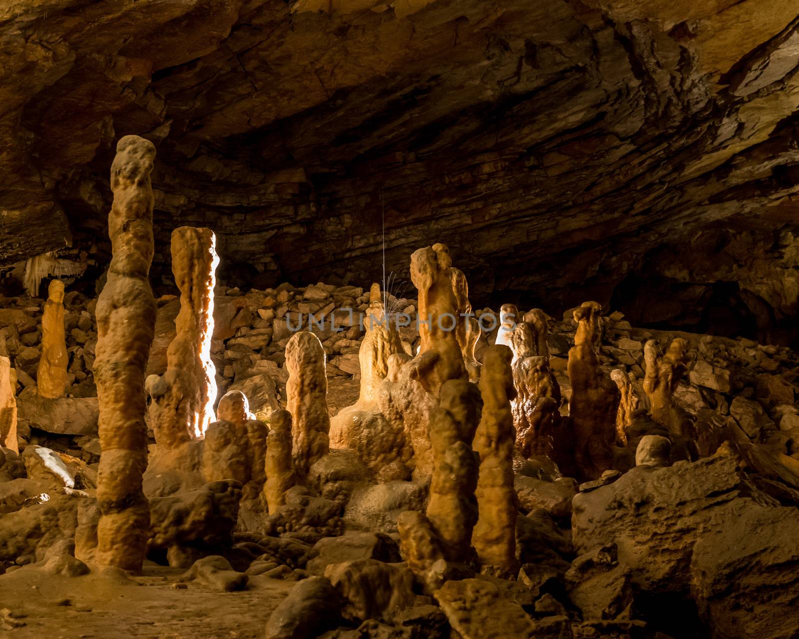 Stalactites and stalagmites underground in cave system in Postojna