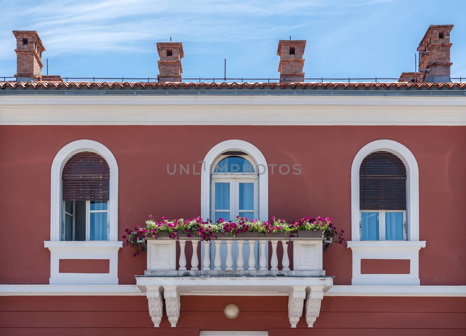 Balcony on the town hall in the coastal town of Novigrad in Croatia