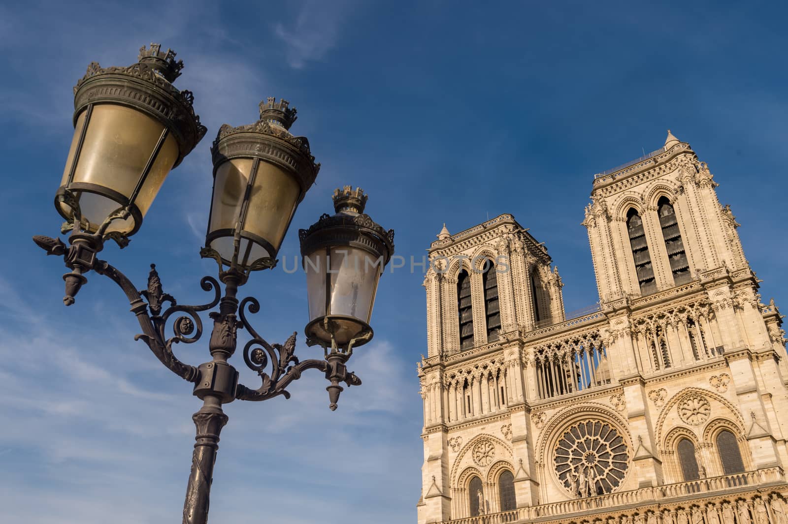 Facade of Notre-Dame Cathedrale and traditionnal parisian lamp post