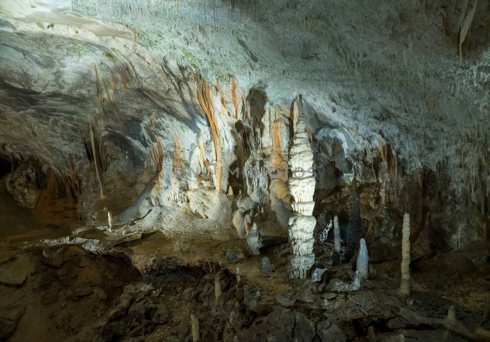 Stalactites and stalagmites underground in cave system in Postojna