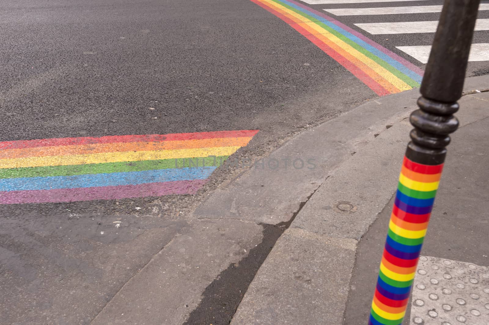 Gay pride flag crosswalks in Paris gay village (Le Marais) by mbruxelle