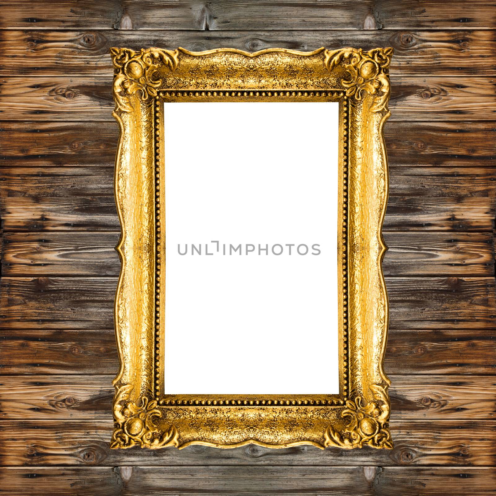 Old Gold Picture Frame on wooden background, graphic element by adamr