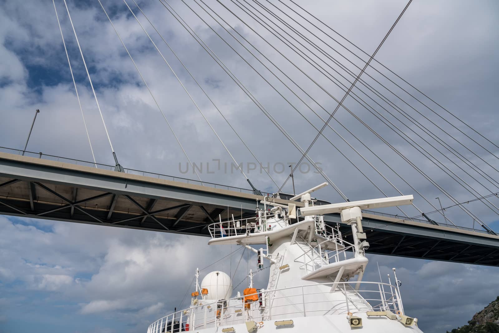 Cruise ship docked under the Franjo Tudman bridge in the Dubrovnik cruise port near the old town