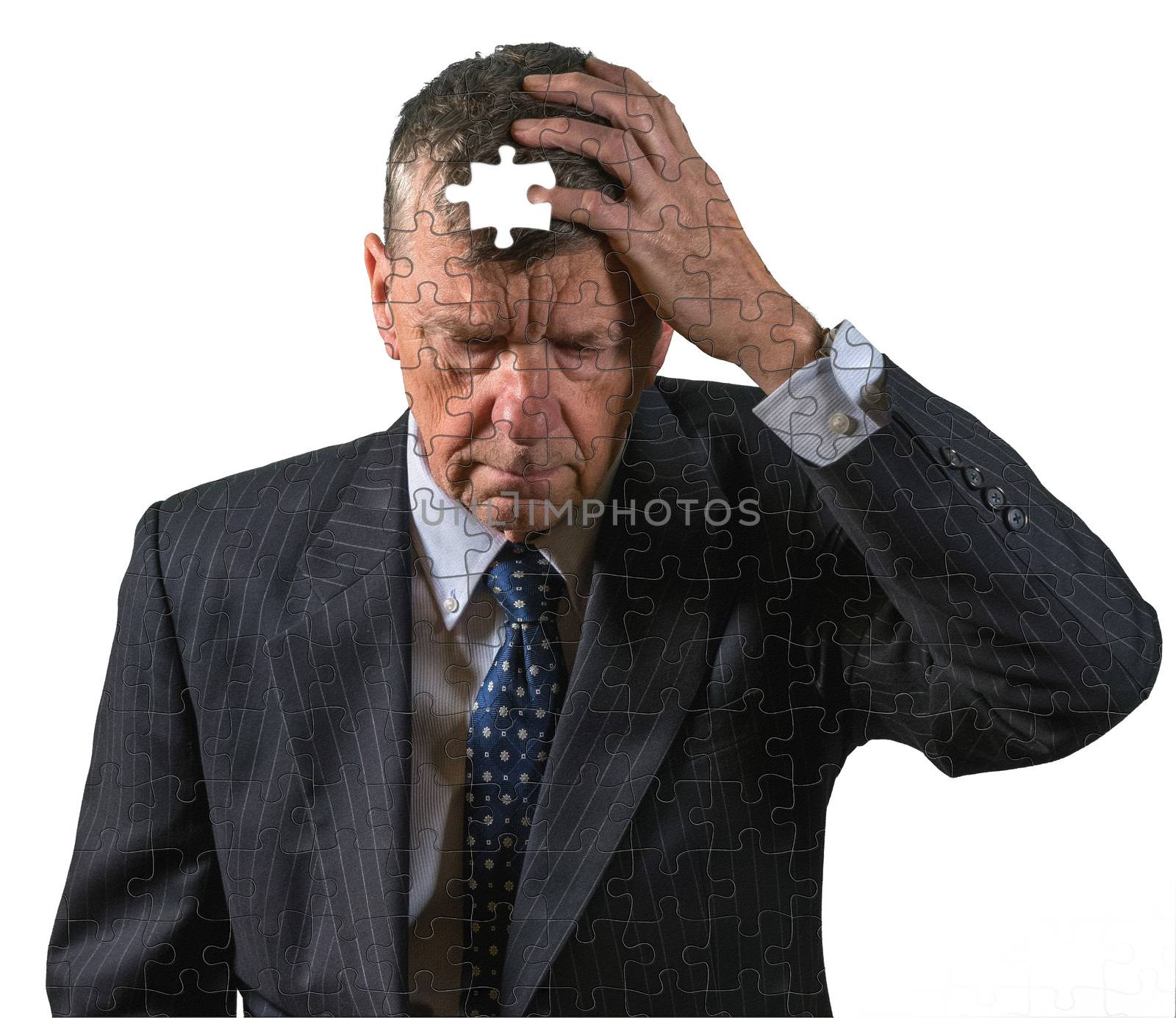 Front view of senior caucasian man worried about memory loss and dementia by steheap