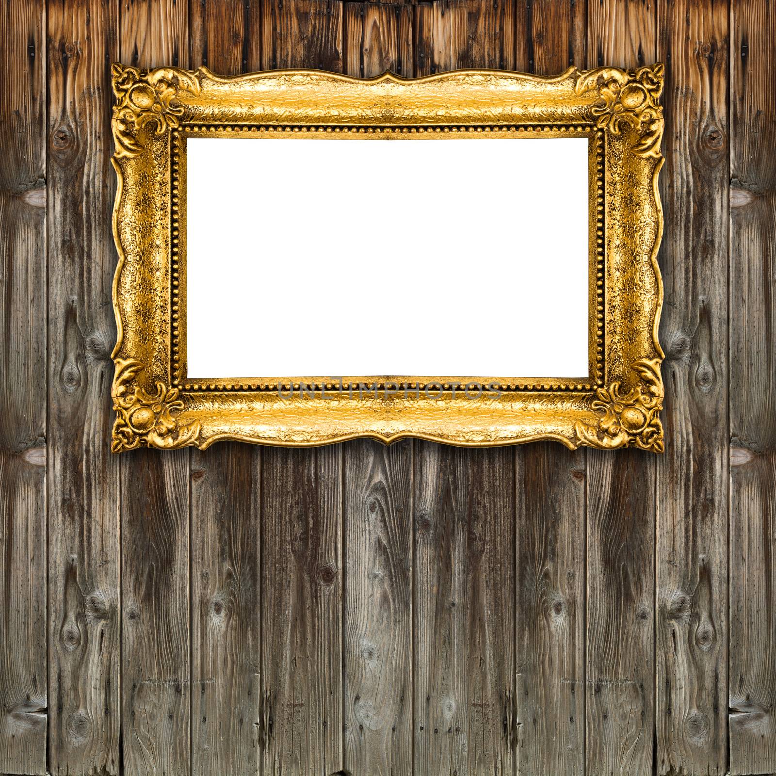 Big Picture Frame Old Gold on wood background, white inside mock up