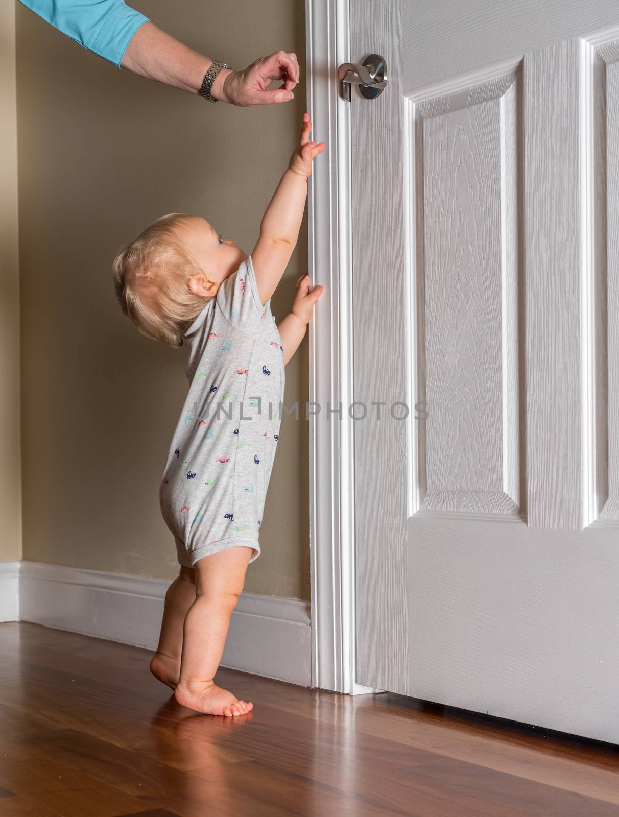 Young baby just able to walk reaching up for the door handle on wooden floor by steheap