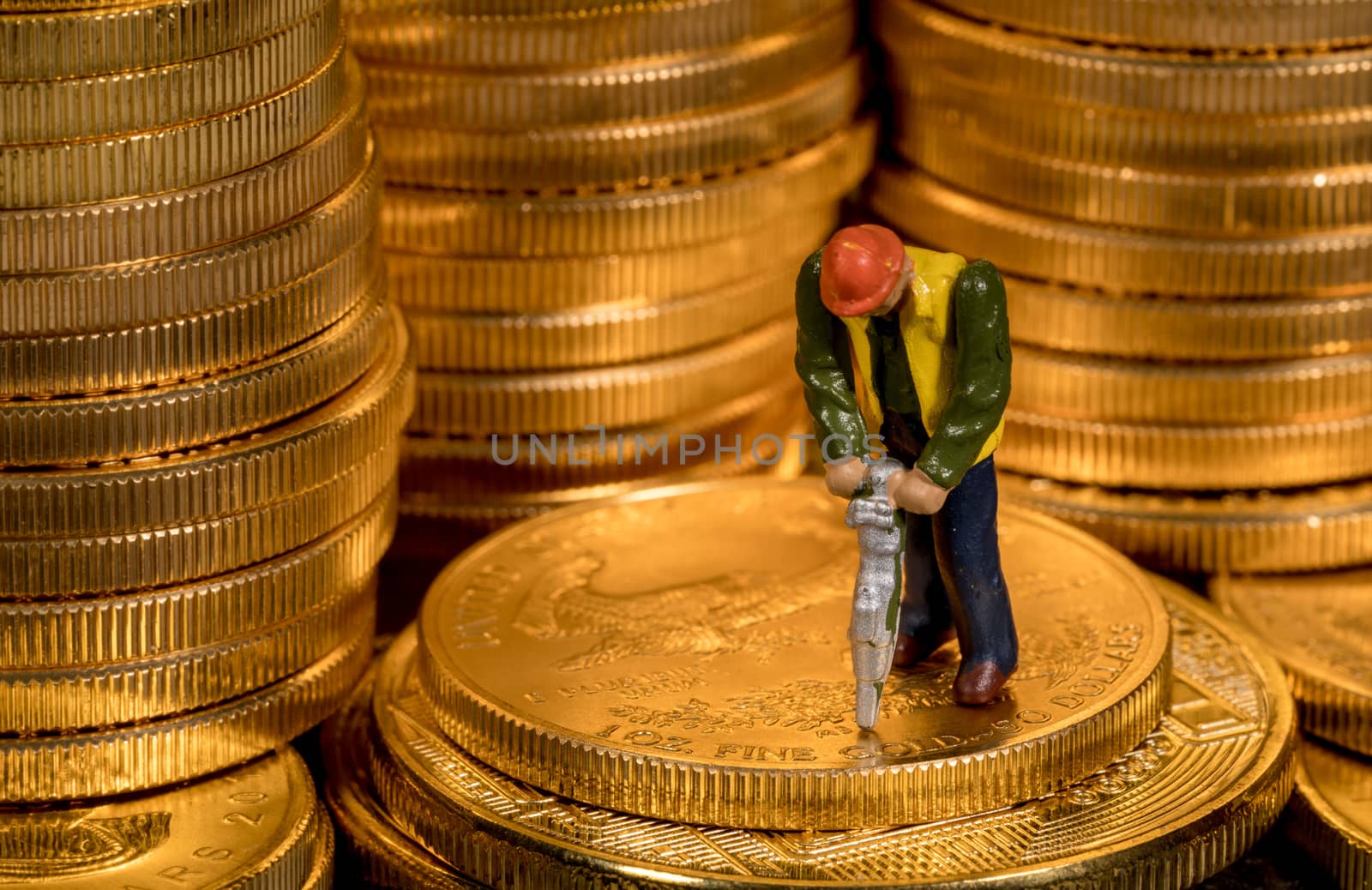 Concept illustration of miners mining new gold eagle US Treasury golden coins