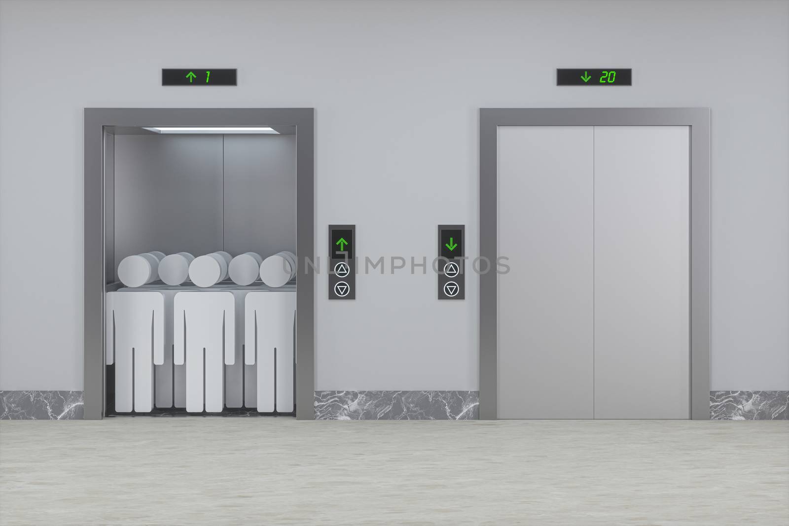 The elevator in the corridor, 3d rendering. Computer digital drawing.