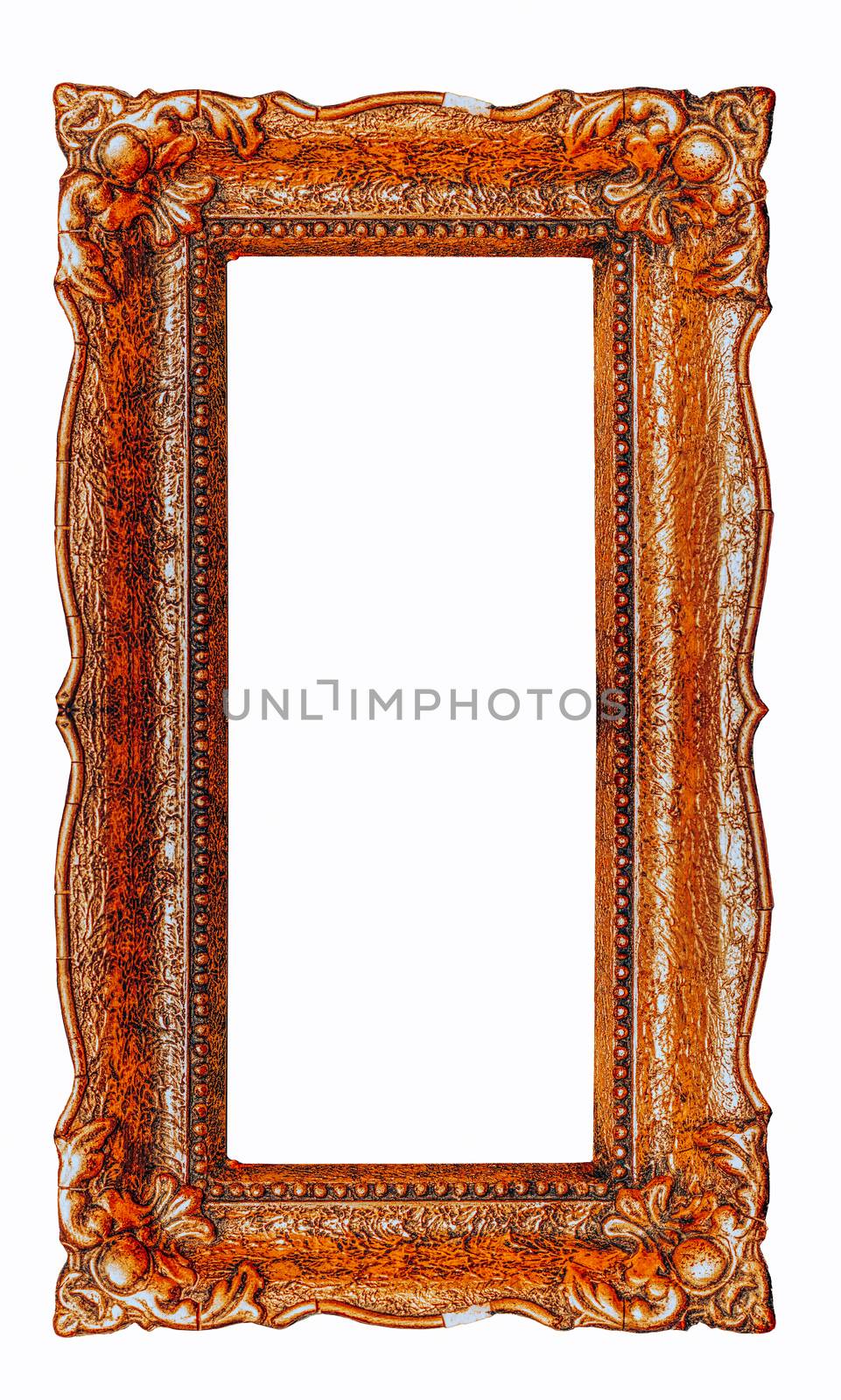 Vertical copper ornate picture frame with white background - Stock image design element