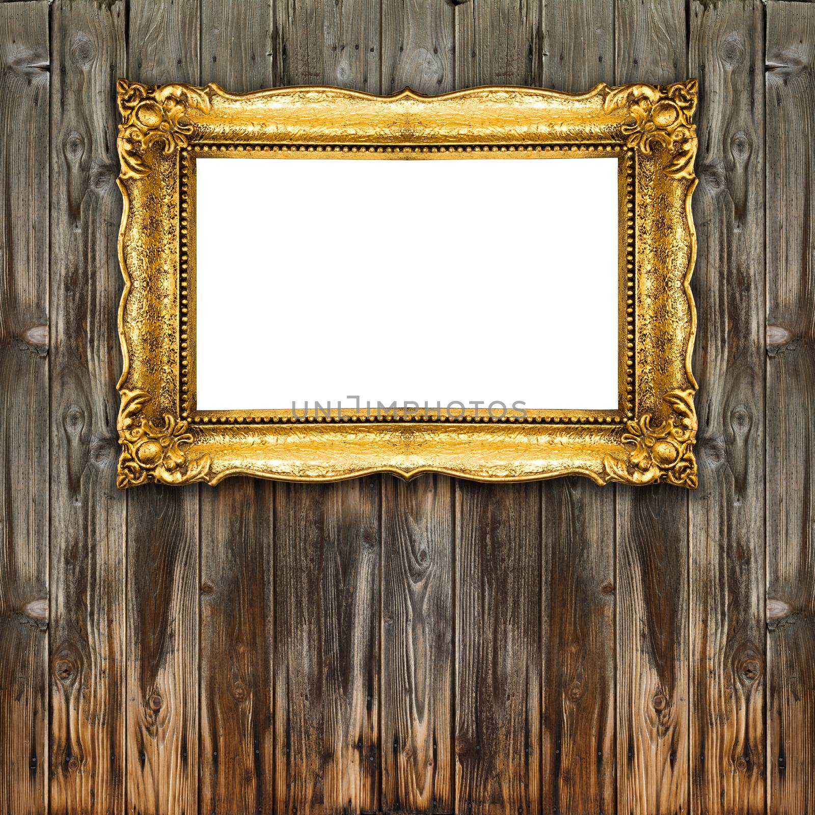Old Gold Picture Frame on wood background, black inside mockup by adamr
