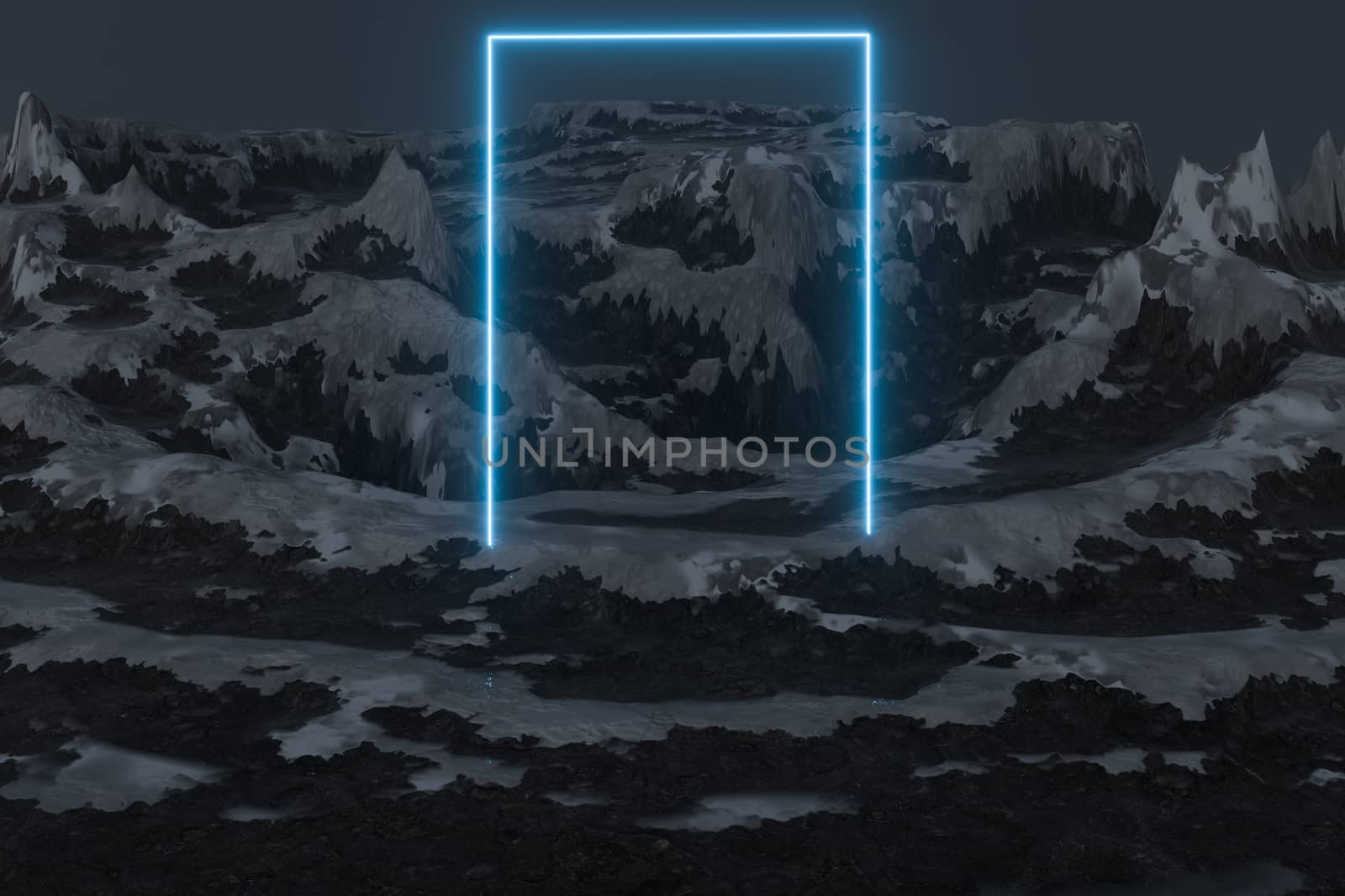 Snow mountain landscape with glowing lines, 3d rendering. Computer digital drawing.