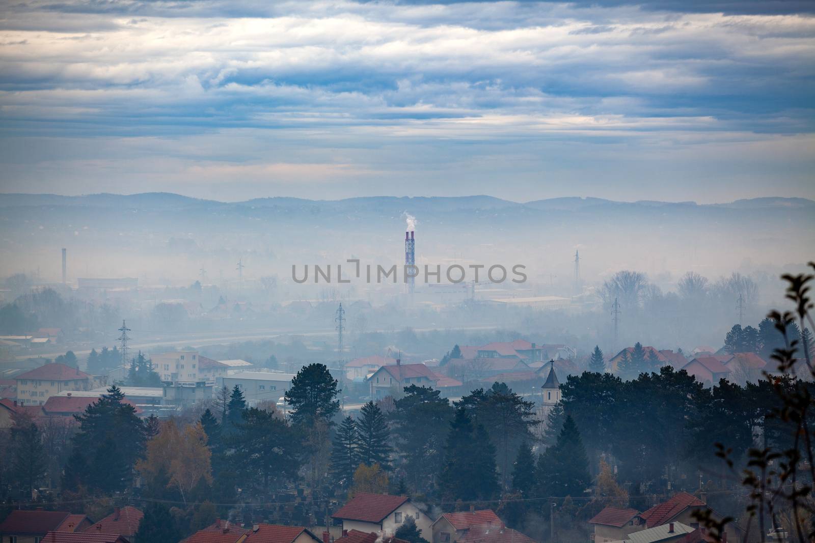 Fog, smog and smoke in Air pollution - Valjevo, West Serbia, Eur by adamr