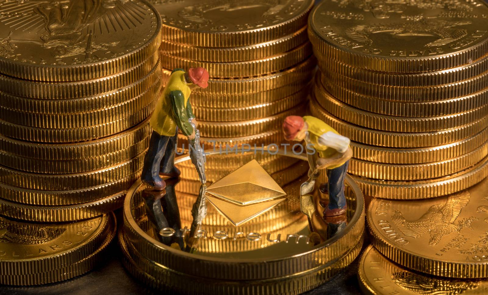 Concept illustration of two miners mining new ethereum cybercurrency virtual coins in the blockchain