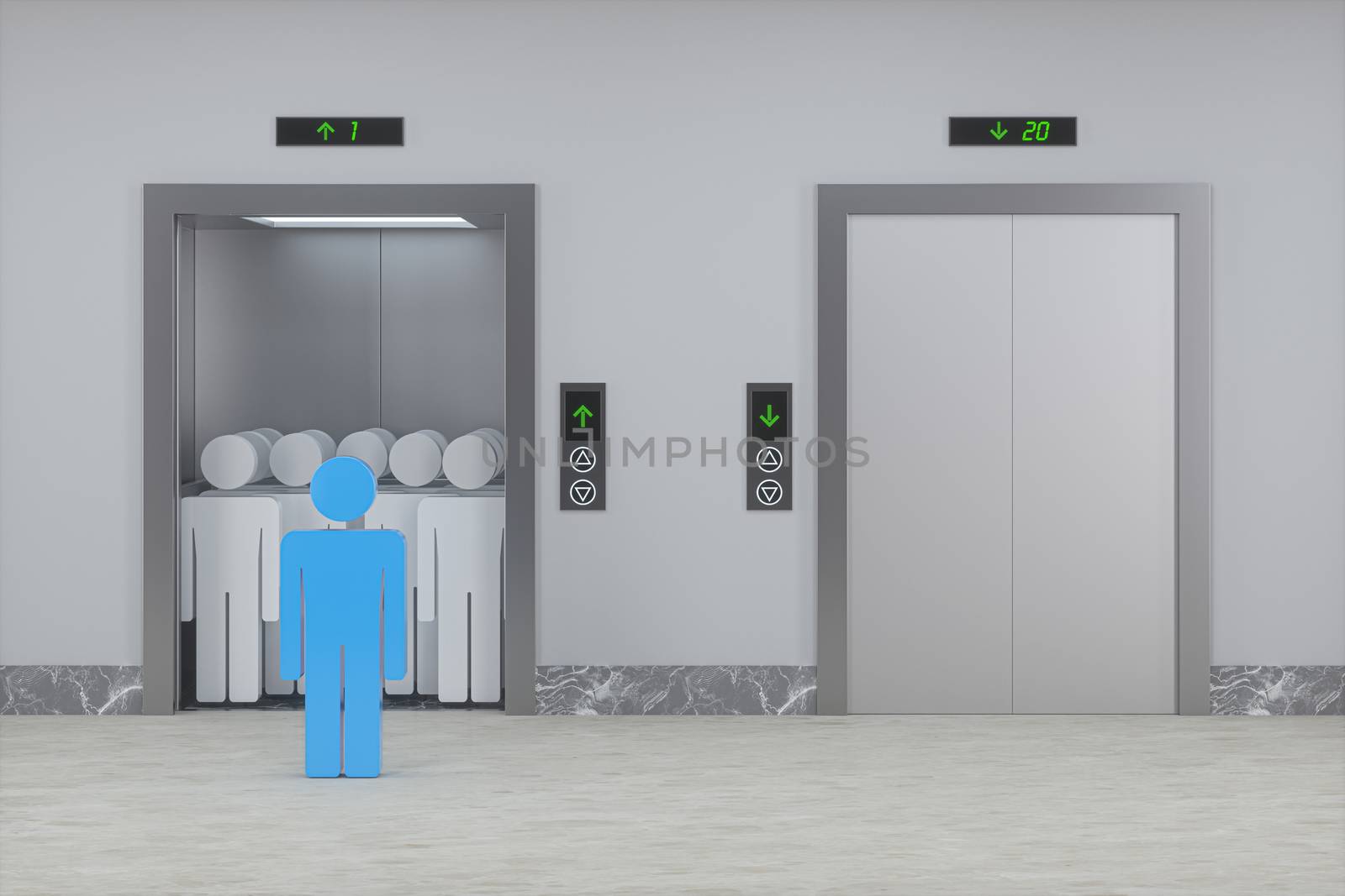 The elevator in the corridor, 3d rendering. Computer digital drawing.