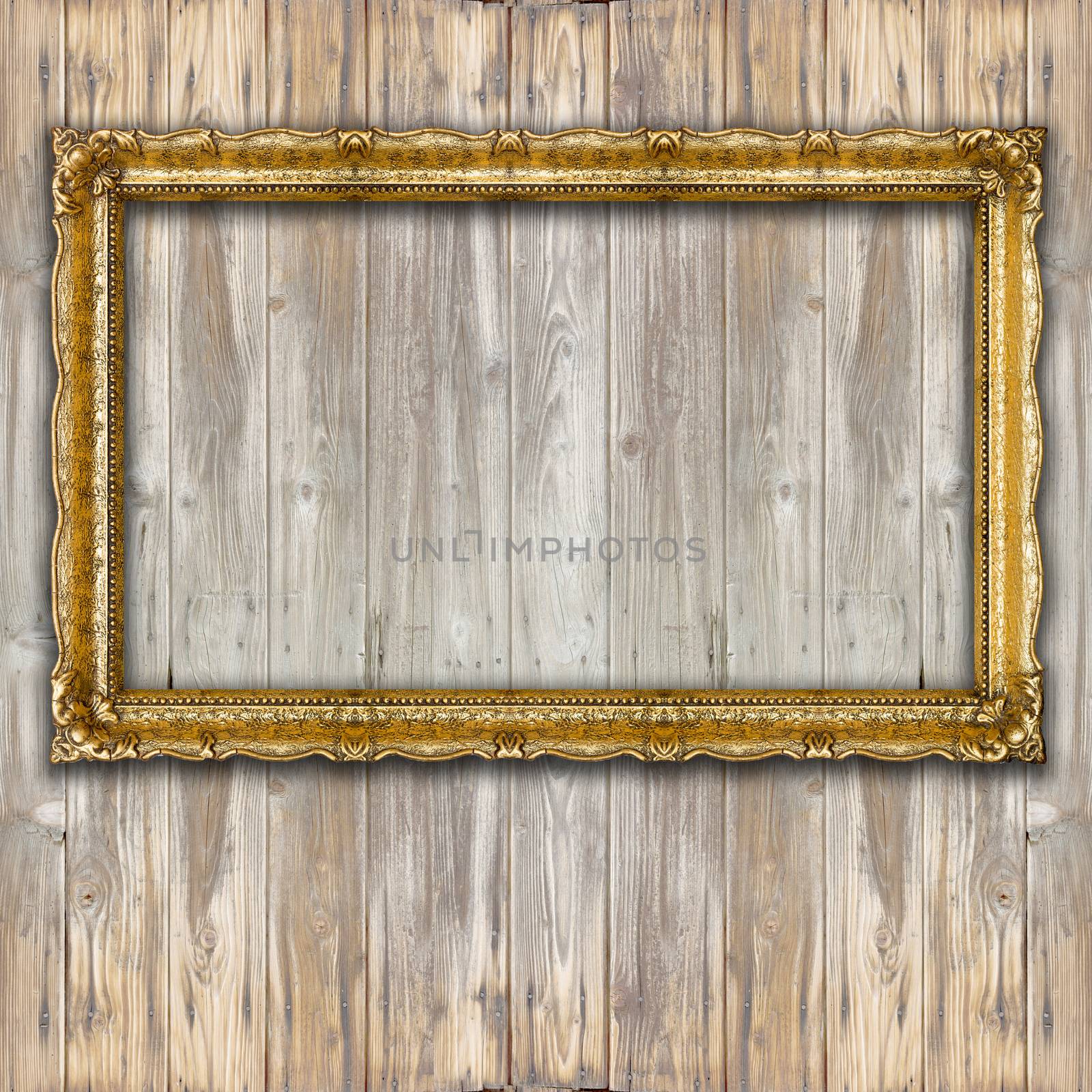 Retro Big Old Gold Picture Frame on wood wall, mockup by adamr