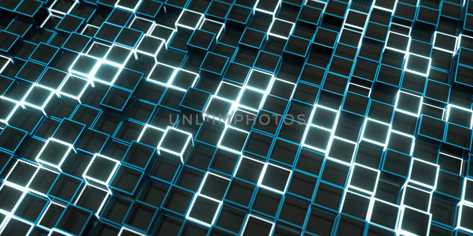 Glowing cubes block, glass material, 3d rendering. Computer digital drawing.