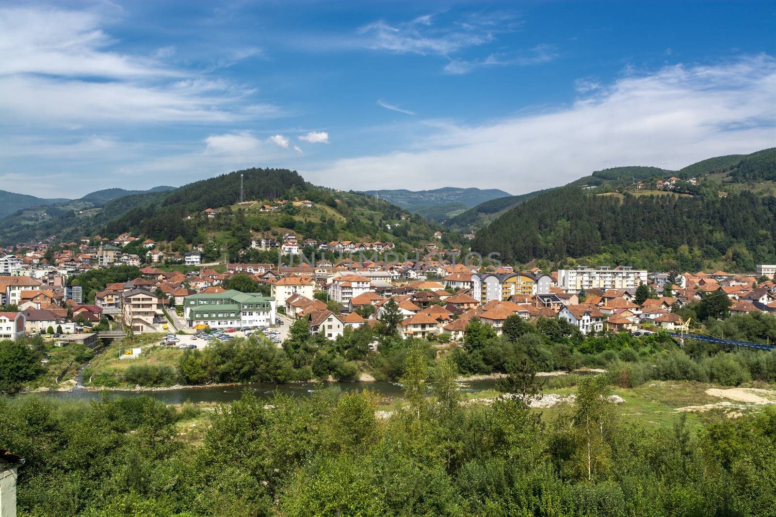 Panorama of Bijelo Polje on river Lim, towm citi municipality in Northern Montenegro (Бијело Поље)