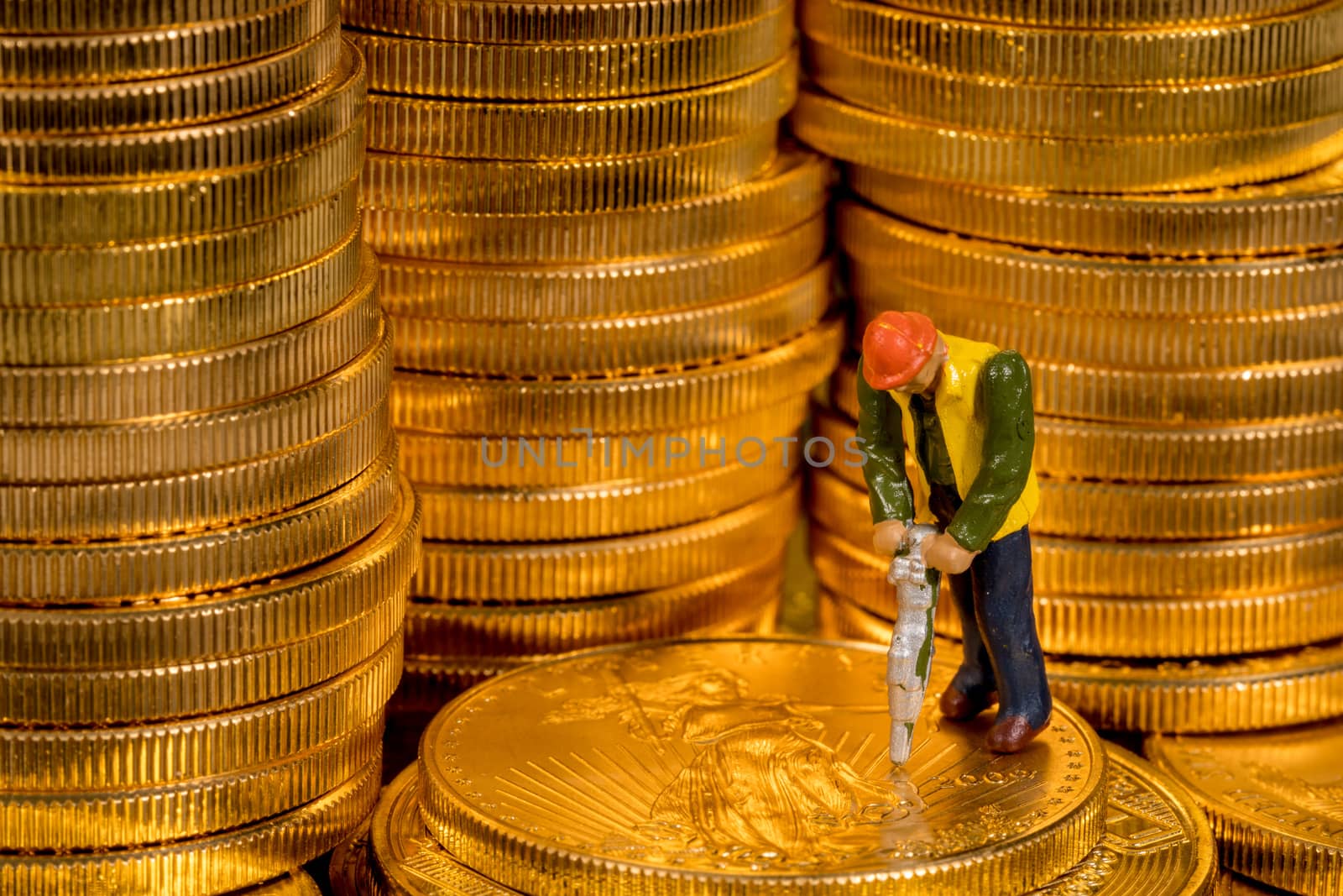 Concept illustration of miners mining new gold eagle US Treasury golden coins