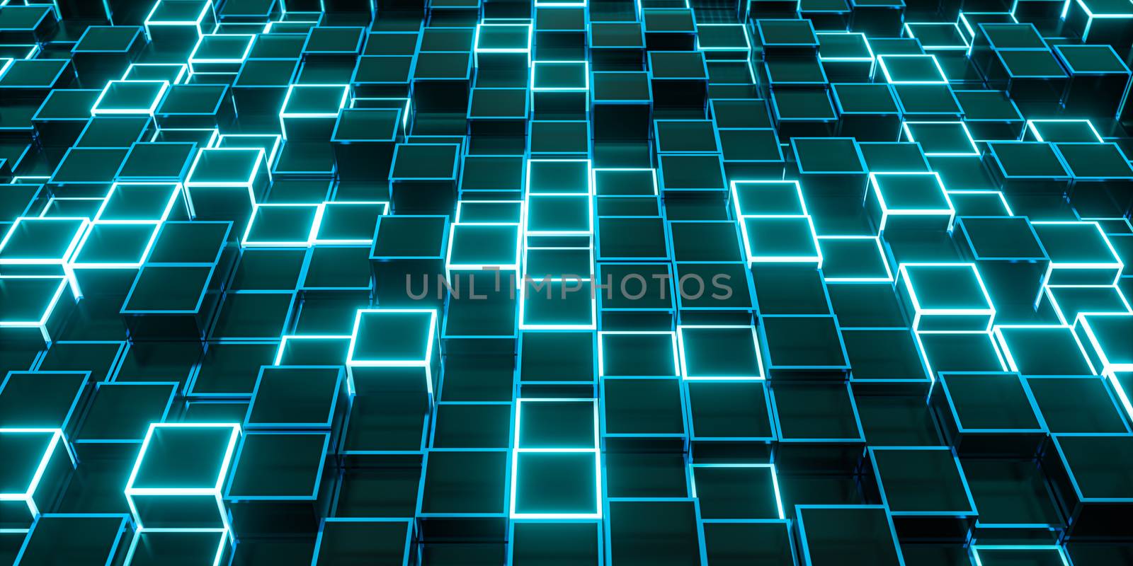 Glowing cubes block, glass material, 3d rendering. Computer digital drawing.