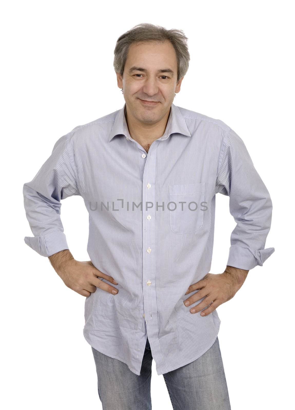 mature happy casual man portrait, isolated on white