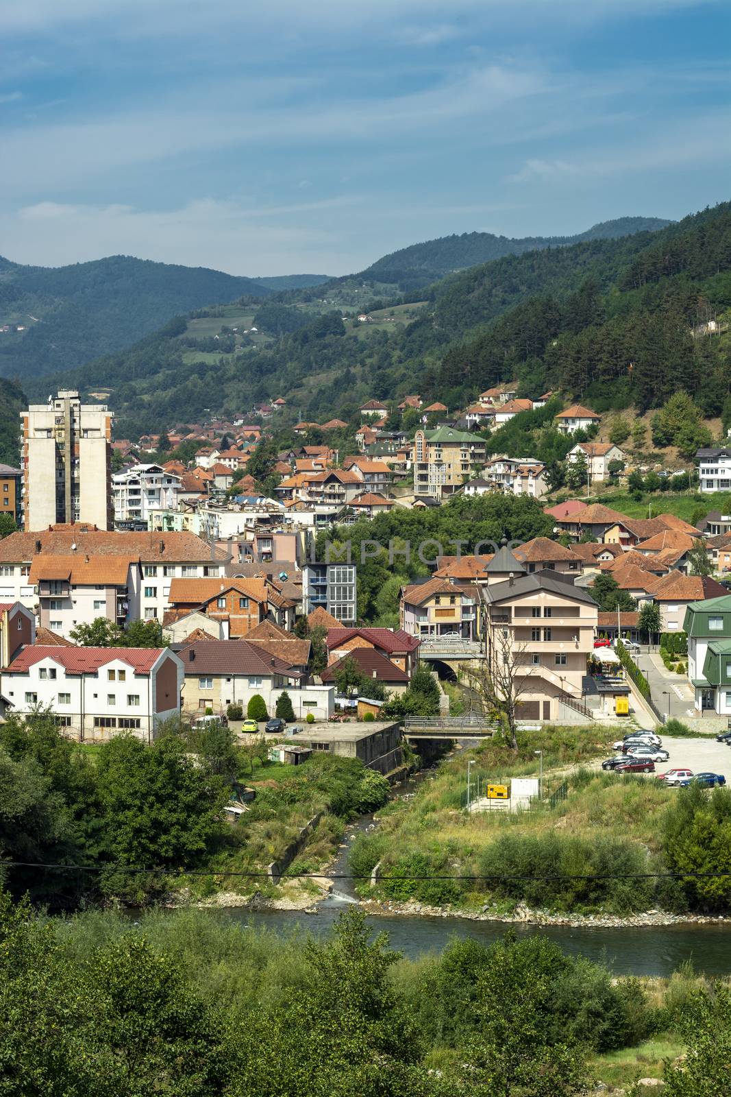 Panorama of Bijelo Polje on river Lim, towm citi municipality in Northern Montenegro (Бијело Поље)