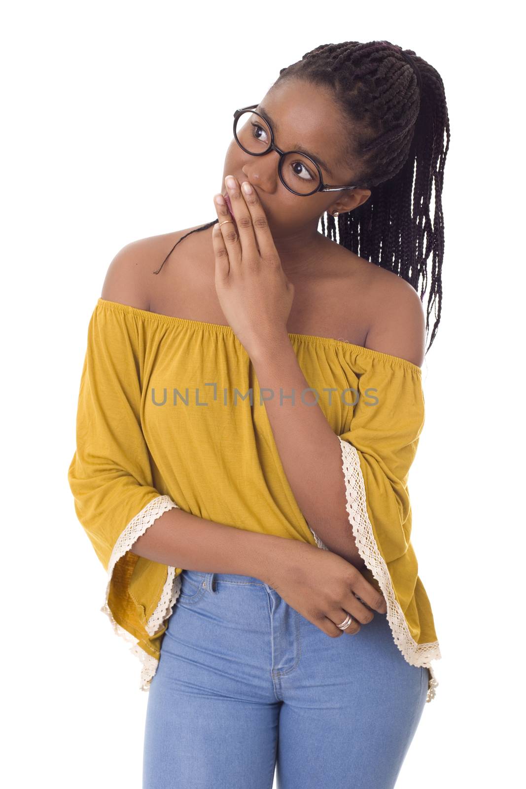 Young african woman thinking, isolated over a white background