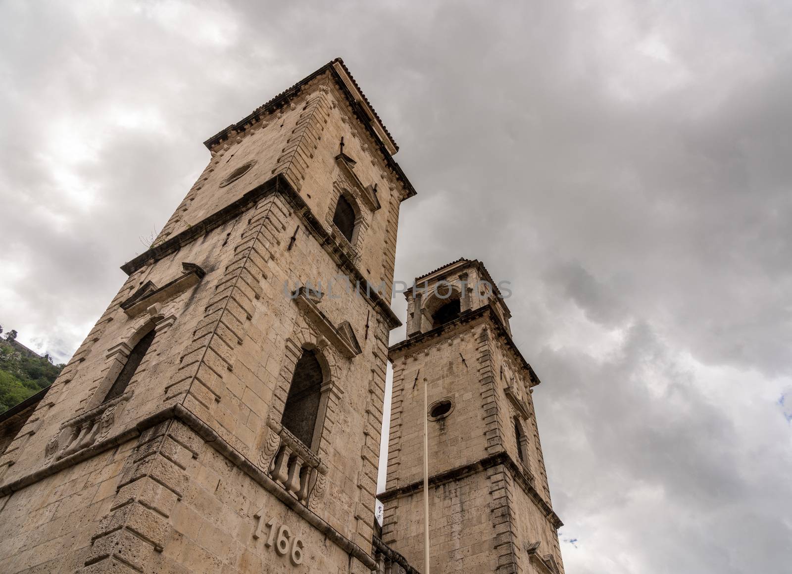Twin towers of St Tryphon church in old town Kotor in Montenegro