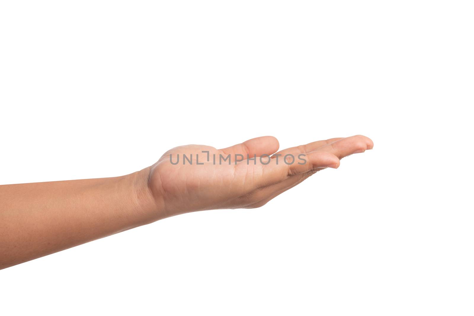 Open the palm of the left hand for entreat something. Women hand isolated on white background.