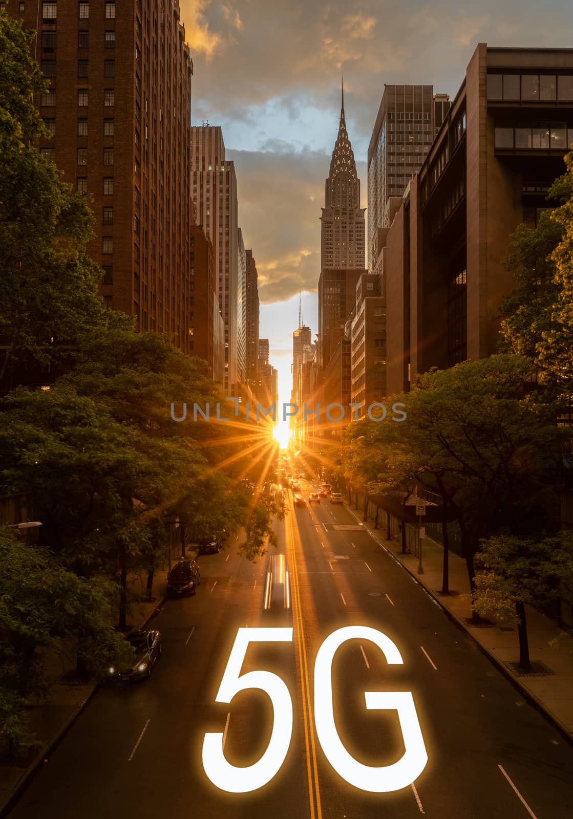 Manhattanhenge provides background for 5G wireless technology in New York City USA