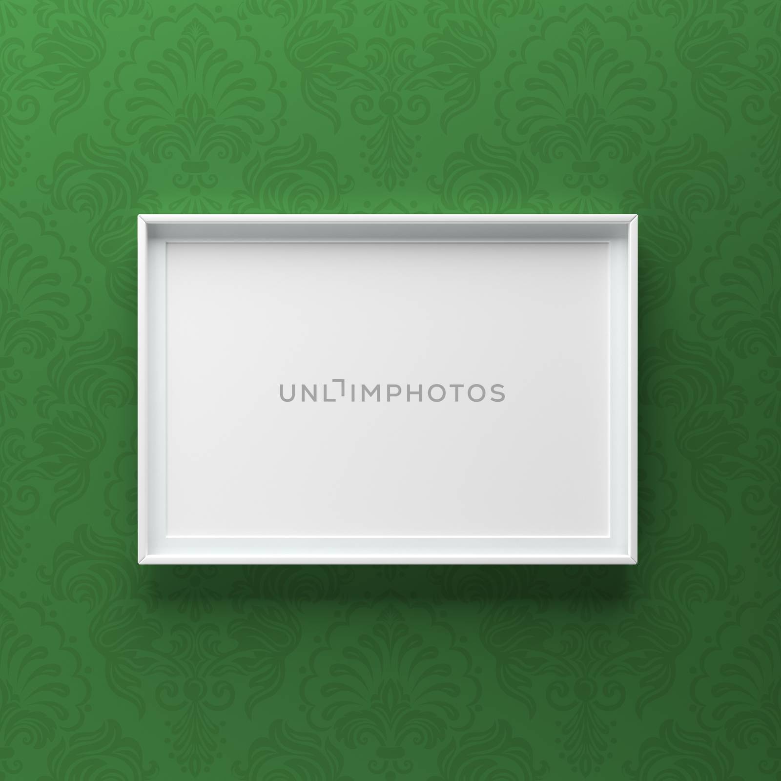 Elegant picture frame standing on gray wall with green pattern. Design element. 3D render, light from top