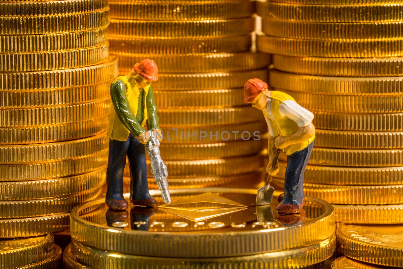 Concept illustration of two miners mining new ethereum cybercurrency virtual coins in the blockchain