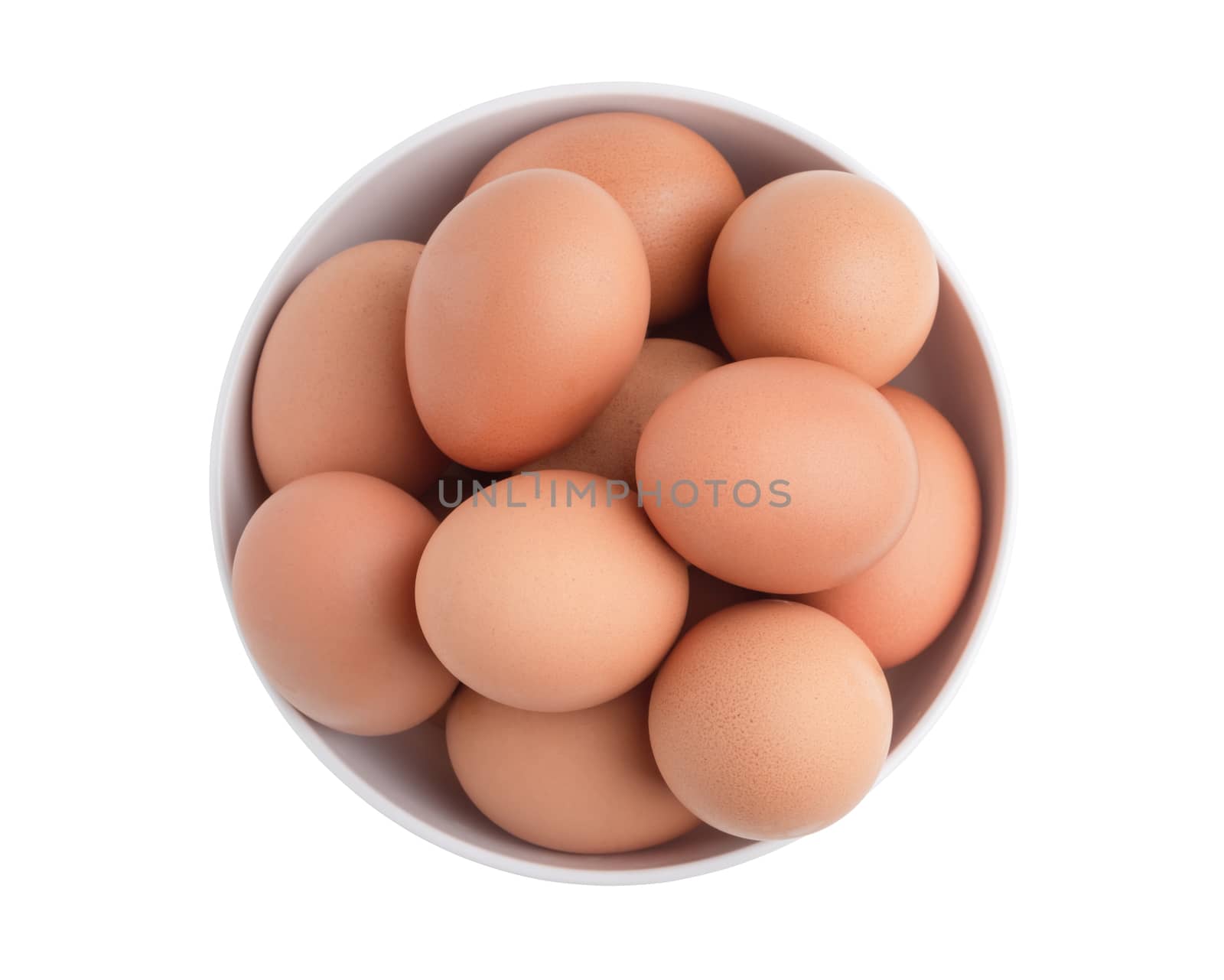 Top view chicken eggs in the white bowl isolated on the white background with clipping paths