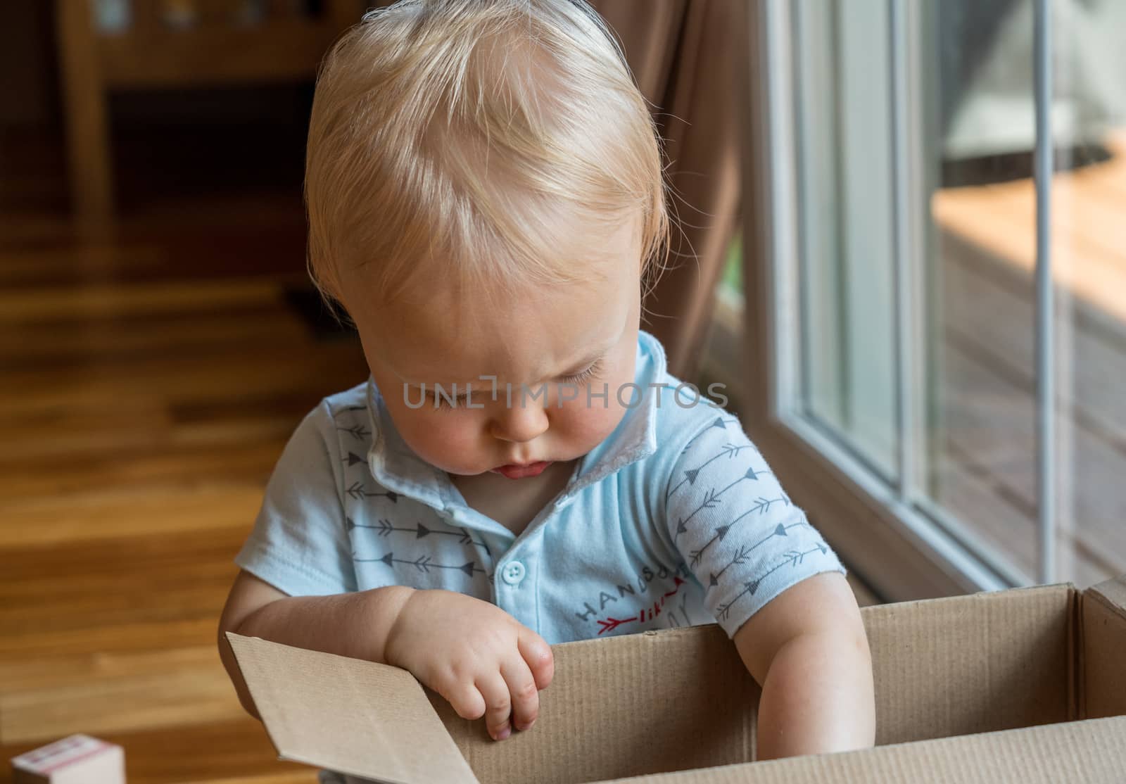 Young baby boy investigating a cardboard box and looking inside by steheap