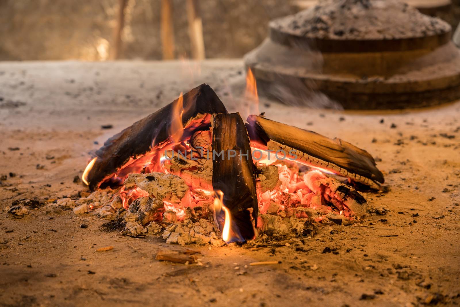 Wood fire and embers used for smoking food or home made bakery oven