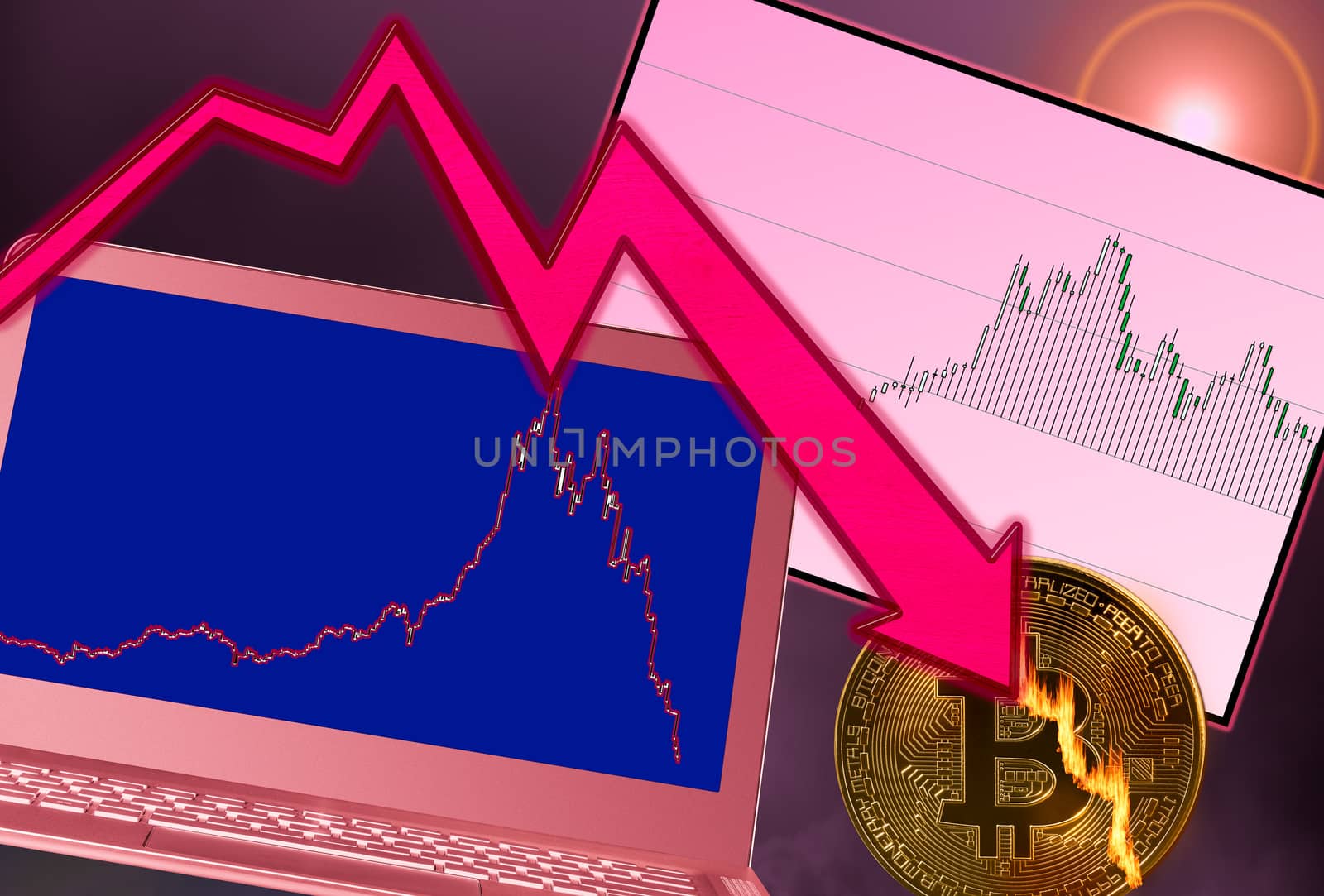 Concept of bitcoin or cyber currency on fire as price crash occurs. Laptop shows falling price graph