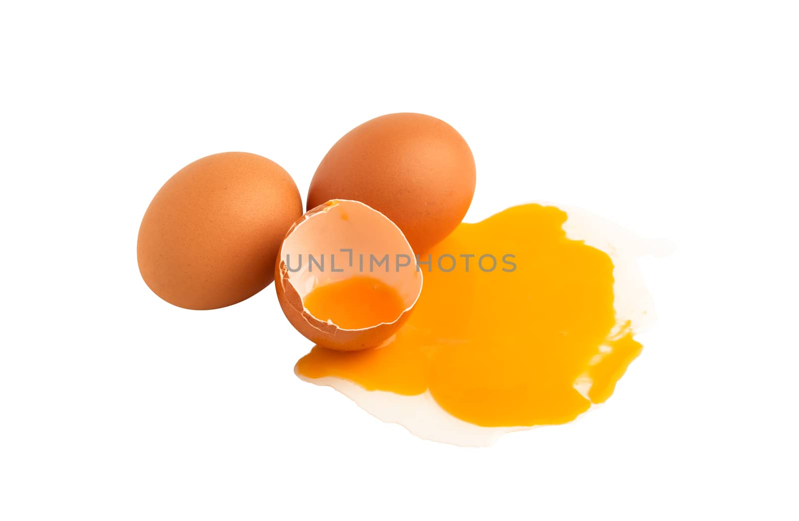 Raw chicken eggs broken and yolks egg isolated on the white back by Nikkikii