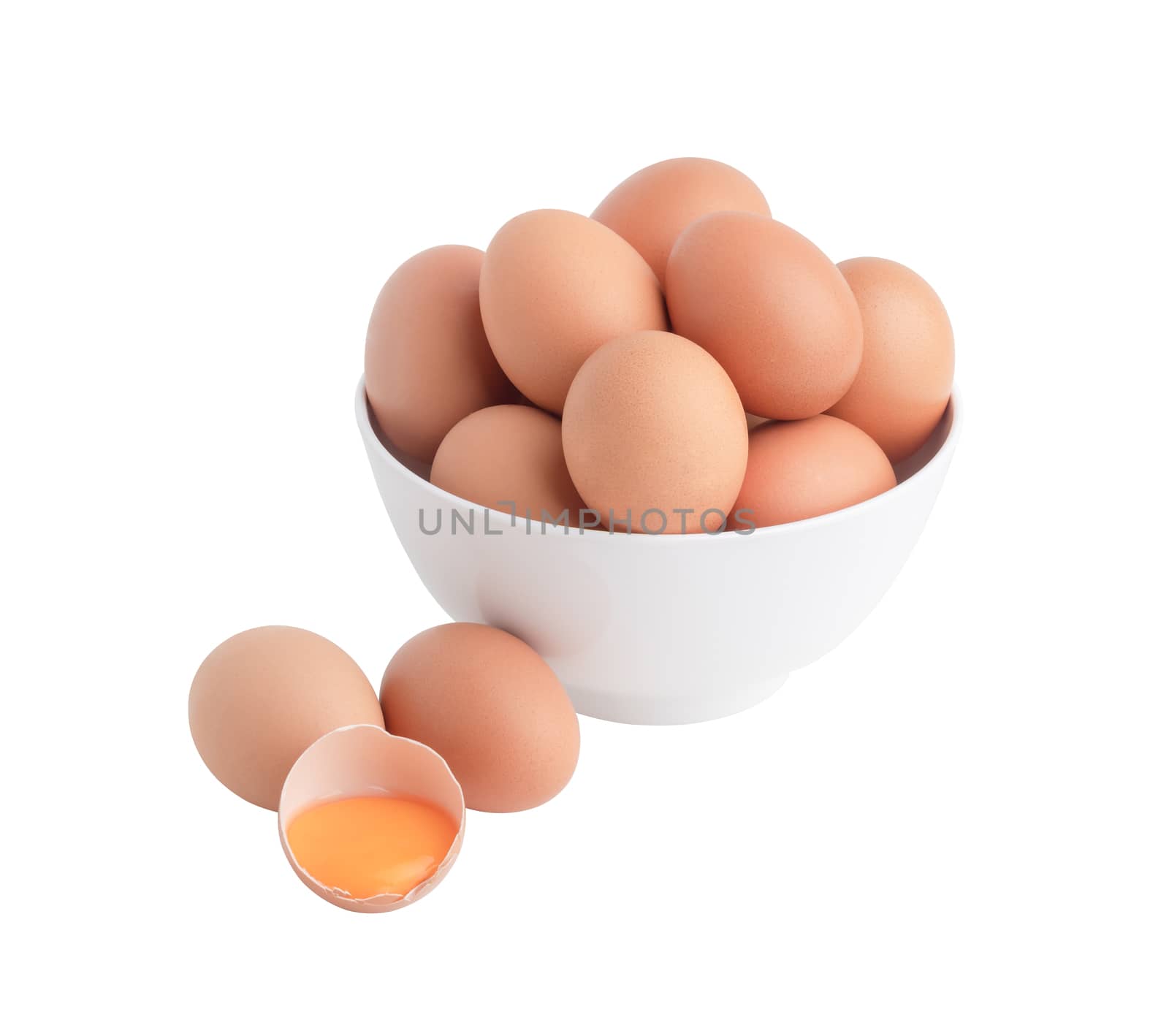 Chicken eggs in the white bowl and one egg broken. Raw food isolated on the white background with clipping paths