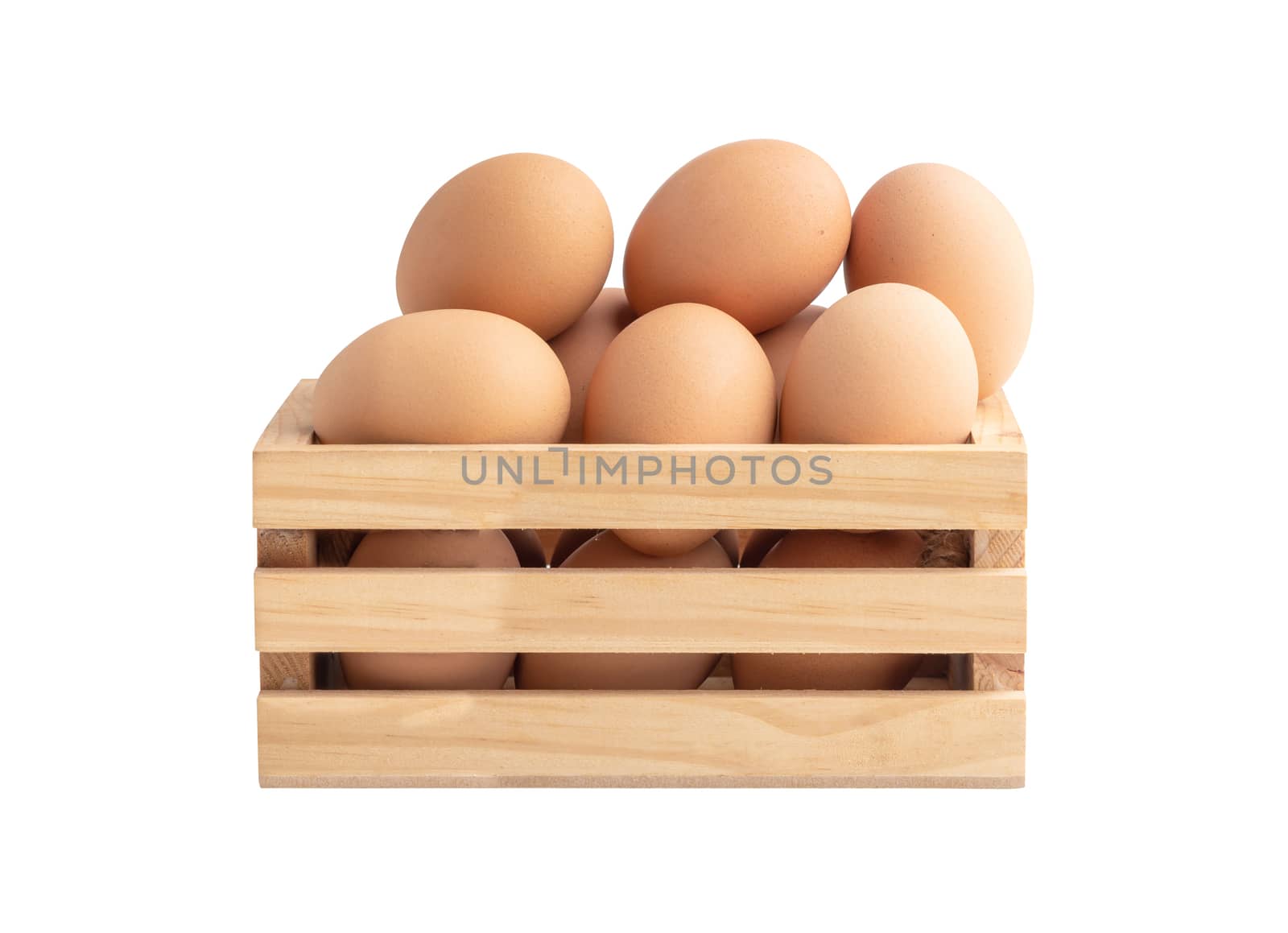 Eggs in the wooden basket isolated on the white background by Nikkikii