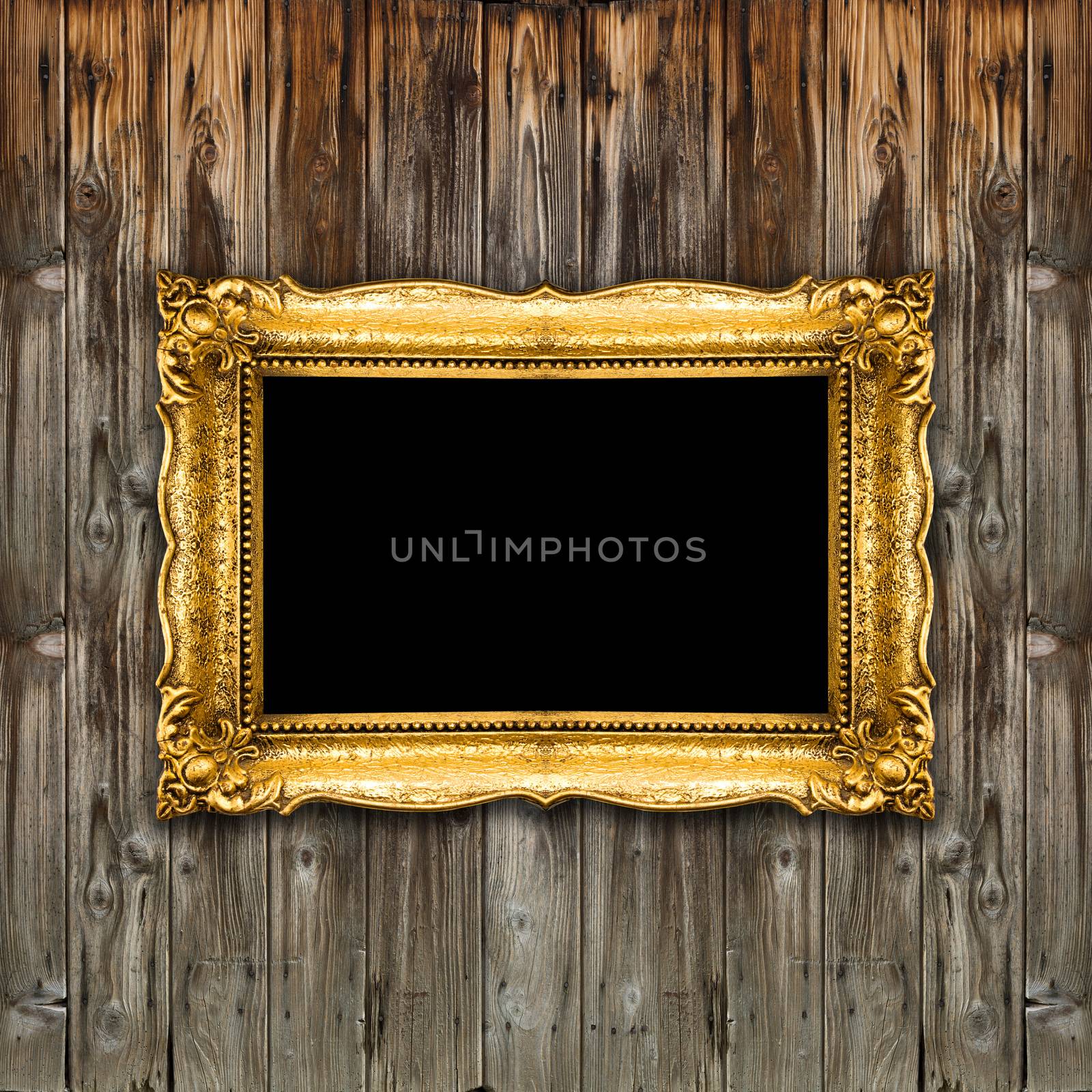 Old Gold Picture Frame on wood background, black inside mockup by adamr